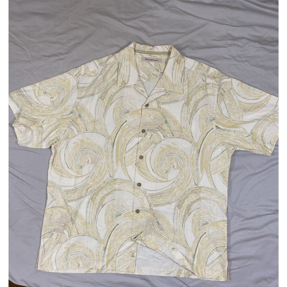 Tommy Bahama Men’s XL Silk Hawaiian Shirt Yellow Paisley Hawaii Rainbow Warriors